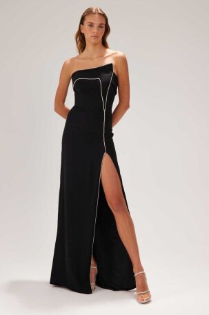 Şeref Vural Kadın Asimetrik Yaka Şerit Taşlı Krep Abiye Elbise 8169 Siyah Siyah