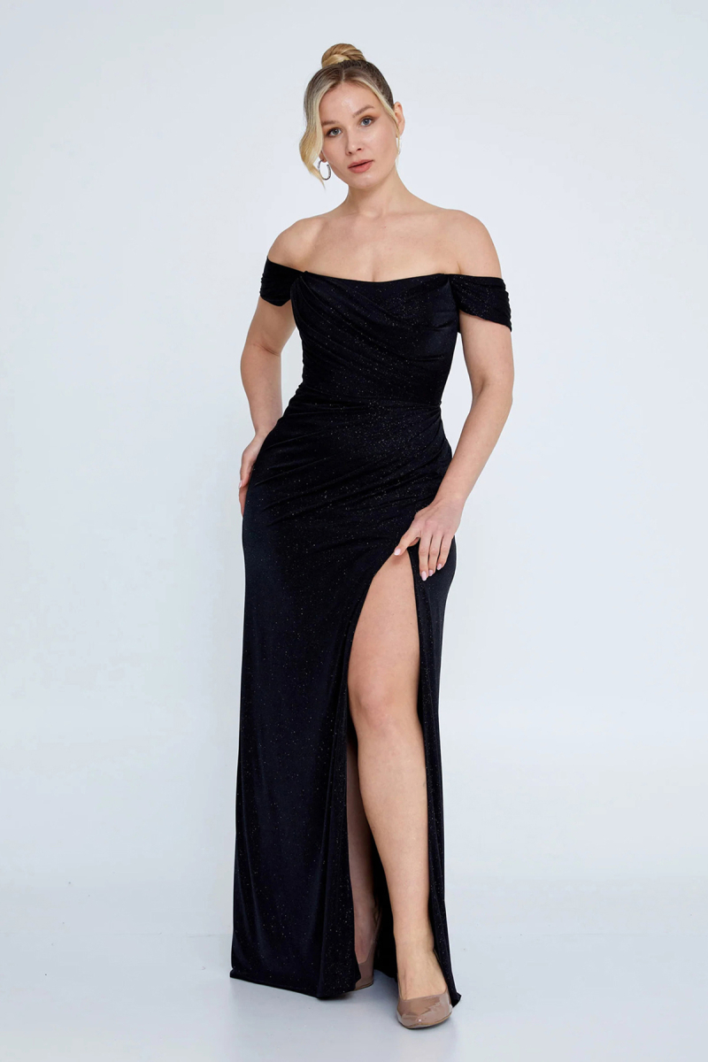 Şeref Vural Kadın Büyük Beden Düşük Omuz Derin Yırtmaçlı Balık Form Abiye Elbise 8212 Siyah Siyah