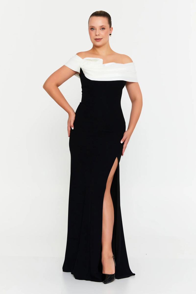 Şeref Vural Kadın Büyük Beden Madonna Yaka Derin Yırtmaçlı Balık Form Abiye Elbise 8318 Siyah-Beyaz SİYAH-BEYAZ