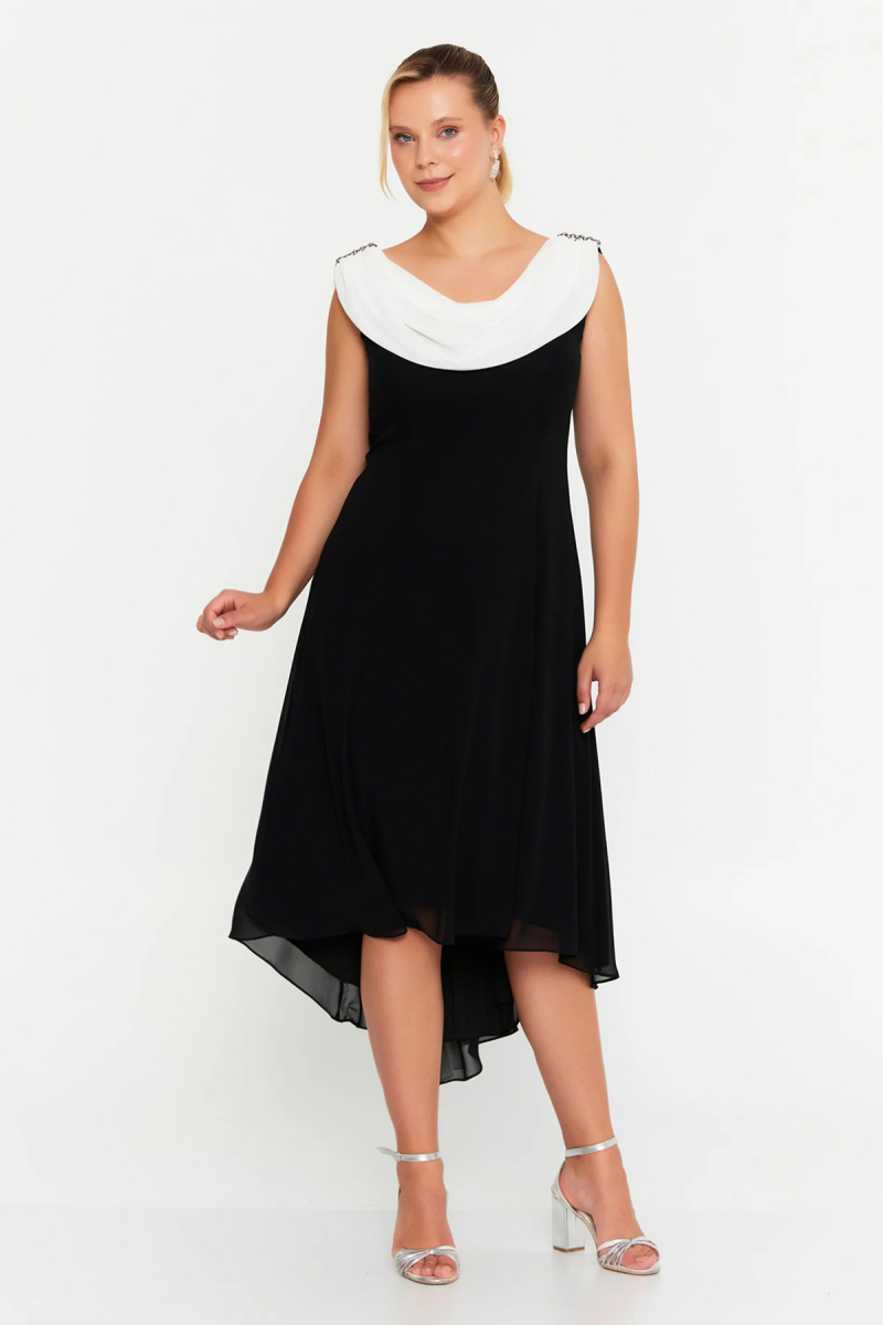 Şeref Vural Kadın Büyük Beden Omzu Taşlı Degaje Yaka Midi Abiye Elbise 6783 Siyah Siyah