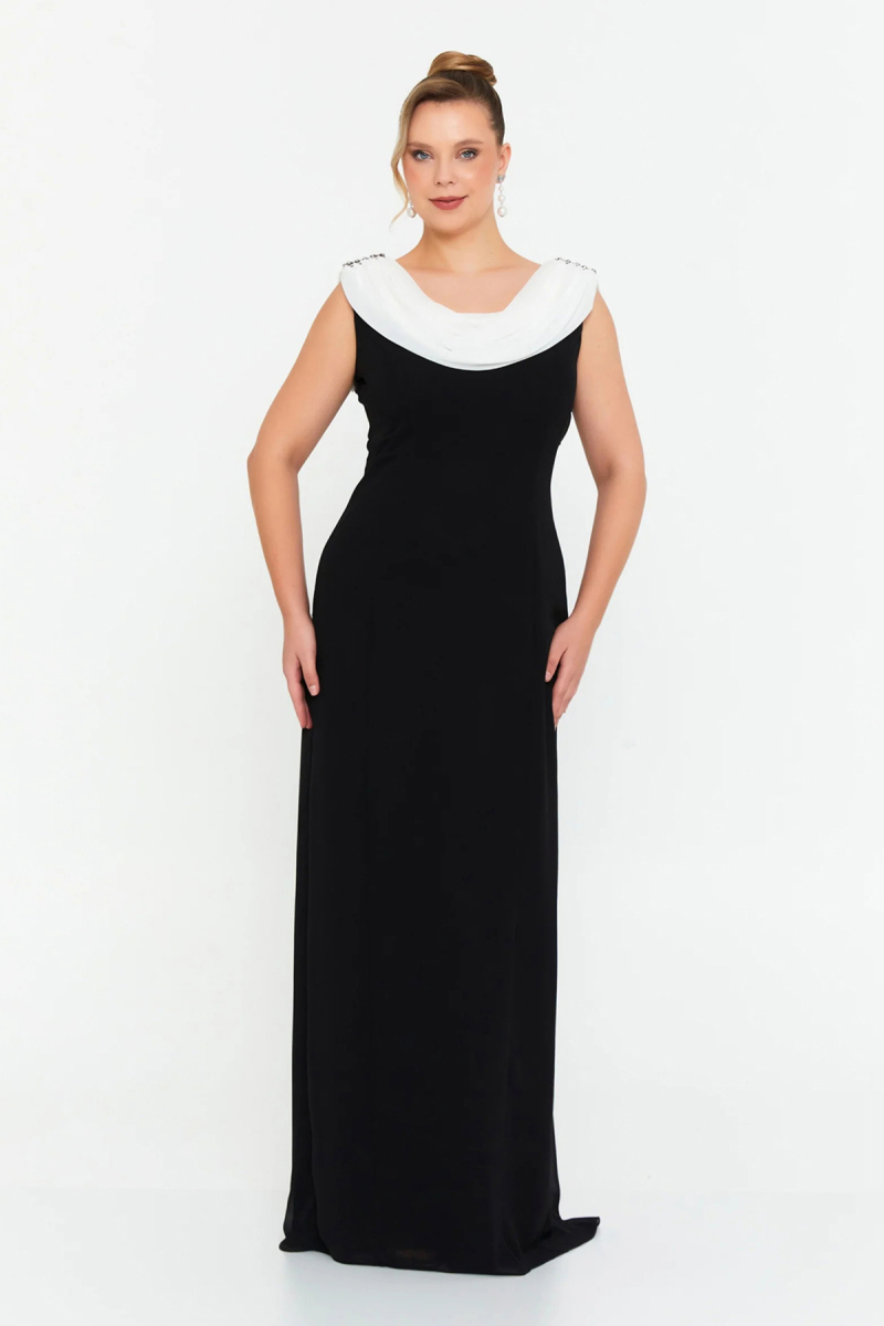 Şeref Vural Kadın Büyük Beden Omzu Taşlı Degaje Yaka Uzun Abiye Elbise 6526 Siyah Siyah