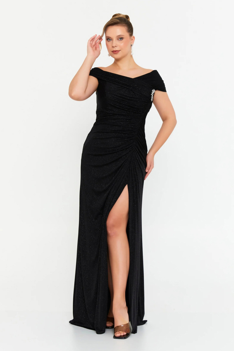 Şeref Vural Kadın Büyük Beden Simli Derin Yırtmaçlı Maxi Abiye Elbise 8210 Siyah Siyah