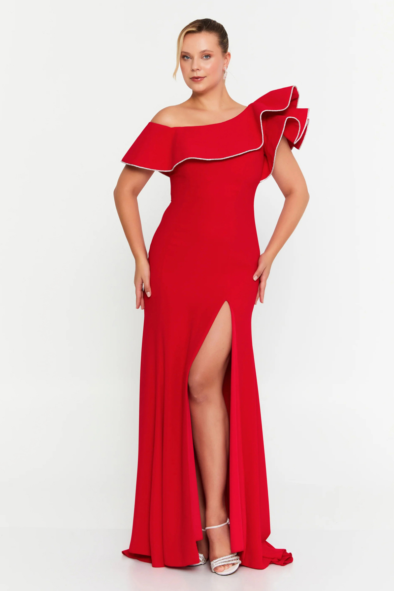 Şeref Vural Kadın Büyük Beden Tek Omuz Volan Detaylı Derin Yırtmaçlı Uzun Abiye Elbise 8336 Kırmızı Kırmızı