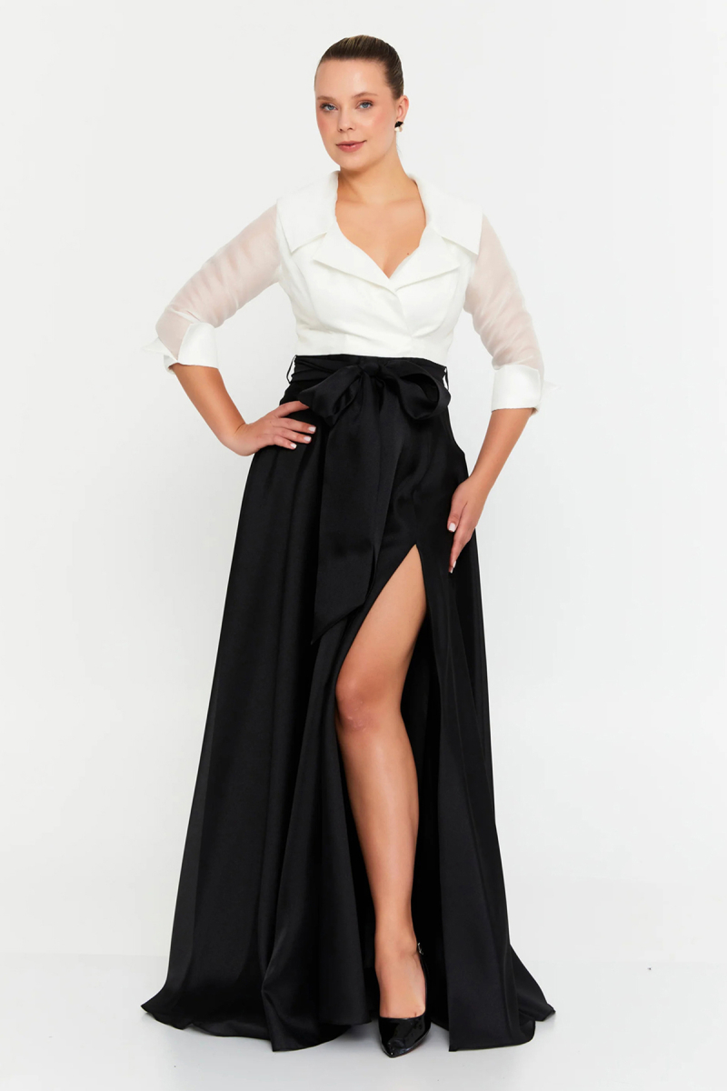 Şeref Vural Kadın Ceket Yaka Yarım Kol Geniş Beden Aralıklı Uzun Abiye Elbise 8460 Siyah-Beyaz SİYAH-BEYAZ