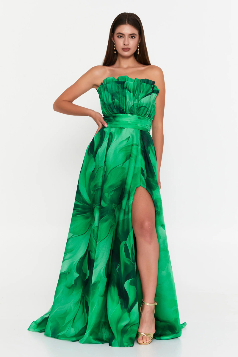 Şeref Vural Kadın Çiçek Desenli Straplez Şifon Uzun Abiye Elbise 8390 Yeşil Yeşil