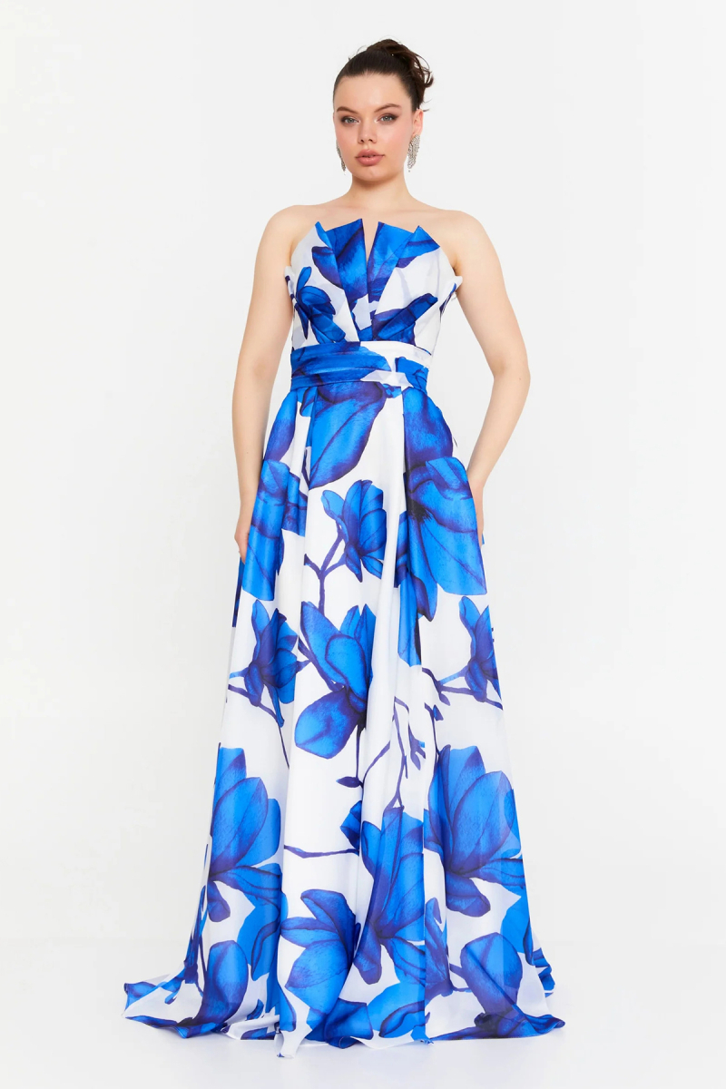 Şeref Vural Kadın Çiçek Desenli Straplez Uzun Abiye Elbise 8357 Mavi Mavi