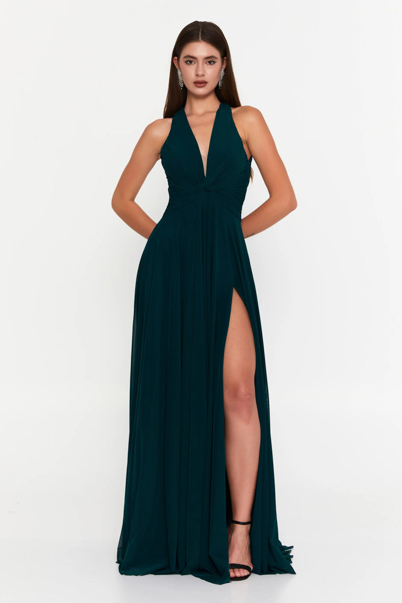 Şeref Vural Kadın Derin V Yaka Yırtmaçlı Maxi Abiye Elbise 8344 Nefti Nefti