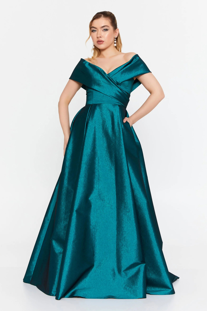 Şeref Vural Kadın Düşük Omuz Derin Yırtmaçlı Maxi Abiye Elbise 8363 Petrol Petrol