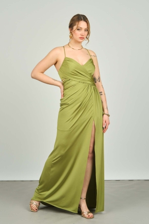 Şeref Vural Kadın İp Askılı Derin Yırtmaçlı Uzun Abiye Elbise 8053 Fıstık Yeşili Fıstık Yeşili