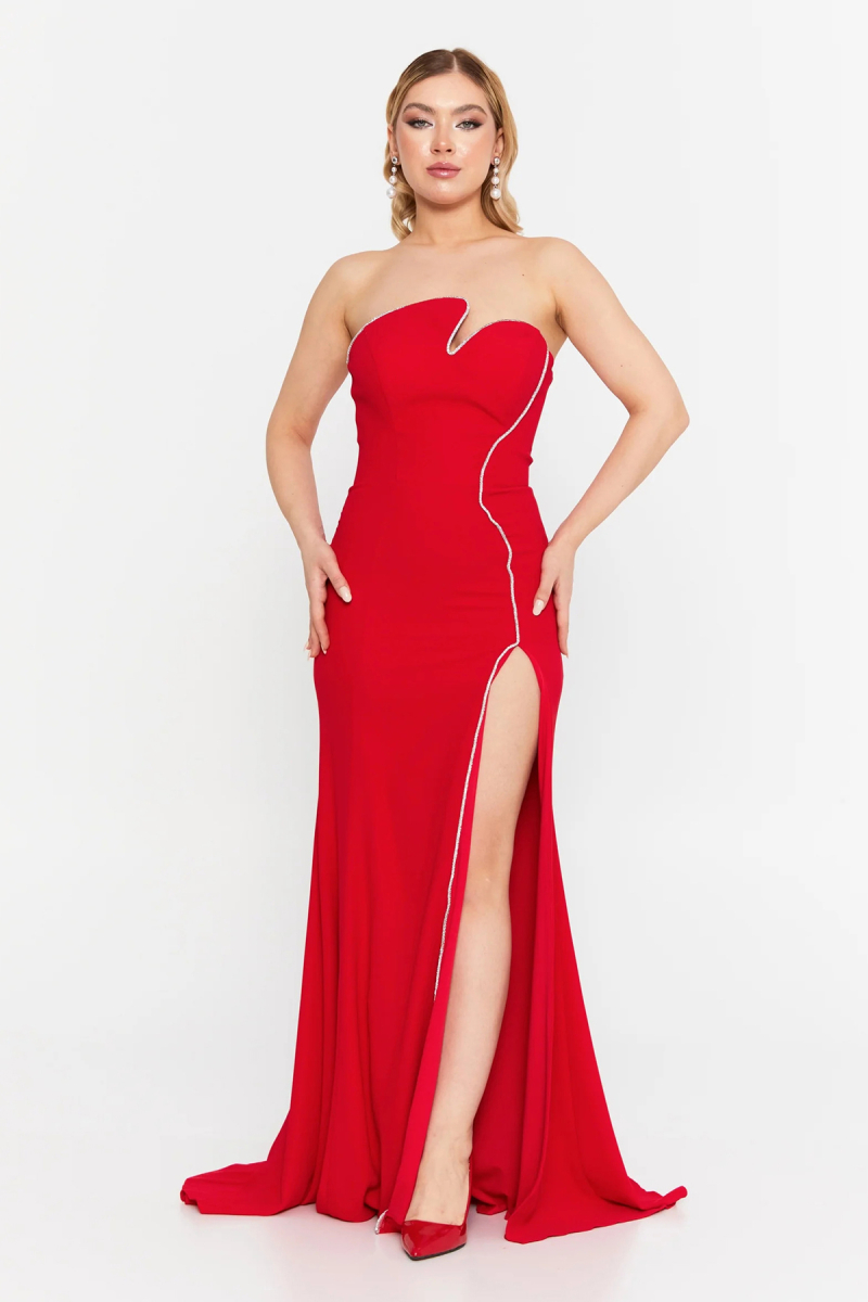 Şeref Vural Kadın Straplez Derin Yırtmaçlı Balık Form Abiye Elbise 8266 Kırmızı Kırmızı