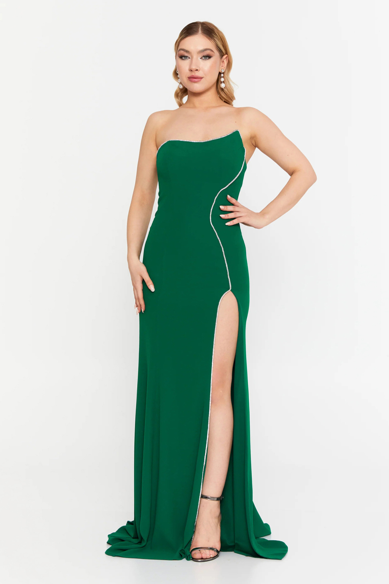 Şeref Vural Kadın Straplez Derin Yırtmaçlı Geniş Beden Aralıklı Uzun Abiye Elbise 8262 Yeşil Yeşil
