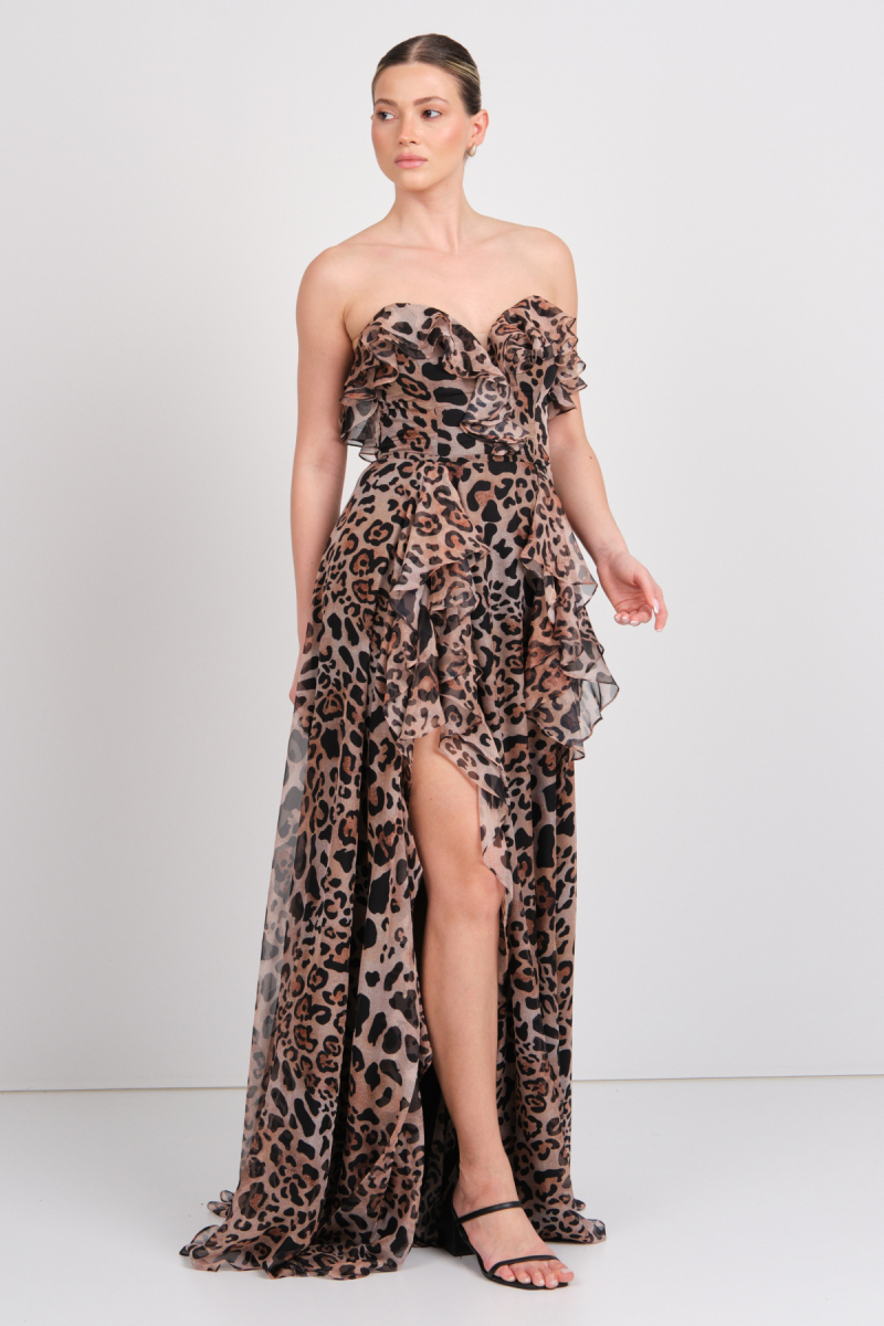 Şeref Vural Kadın Straplez Leopar Desenli Maxi Abiye Elbise 8317 Leopar LEOPAR