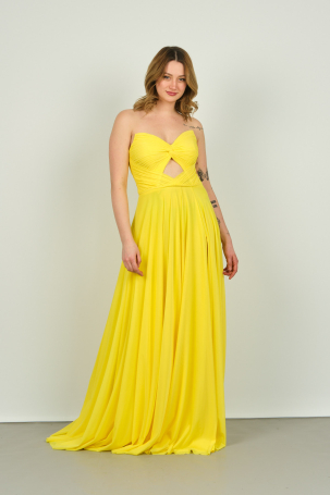 Şeref Vural Kadın Straplez Pencere Detaylı Derin Yırtmaçlı Tül Abiye Elbise 8236 Sarı Sarı