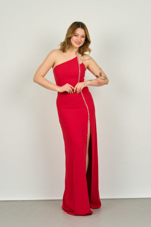 Şeref Vural Kadın Straplez Tek Omuz Taş Askılı Derin Yırtmaçlı Uzun Abiye Elbise 8218 Kırmızı Kırmızı