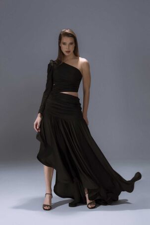 Şeref Vural Kadın Tek Kol Uzun Abiye Elbise 8102 Siyah Siyah