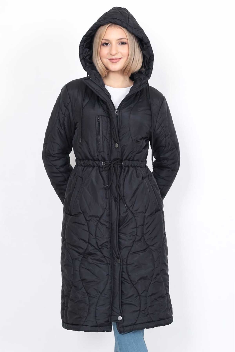 Setare Kadın Kapüşonlu Belden Bağlamalı Uzun Mont 0699 Siyah Siyah