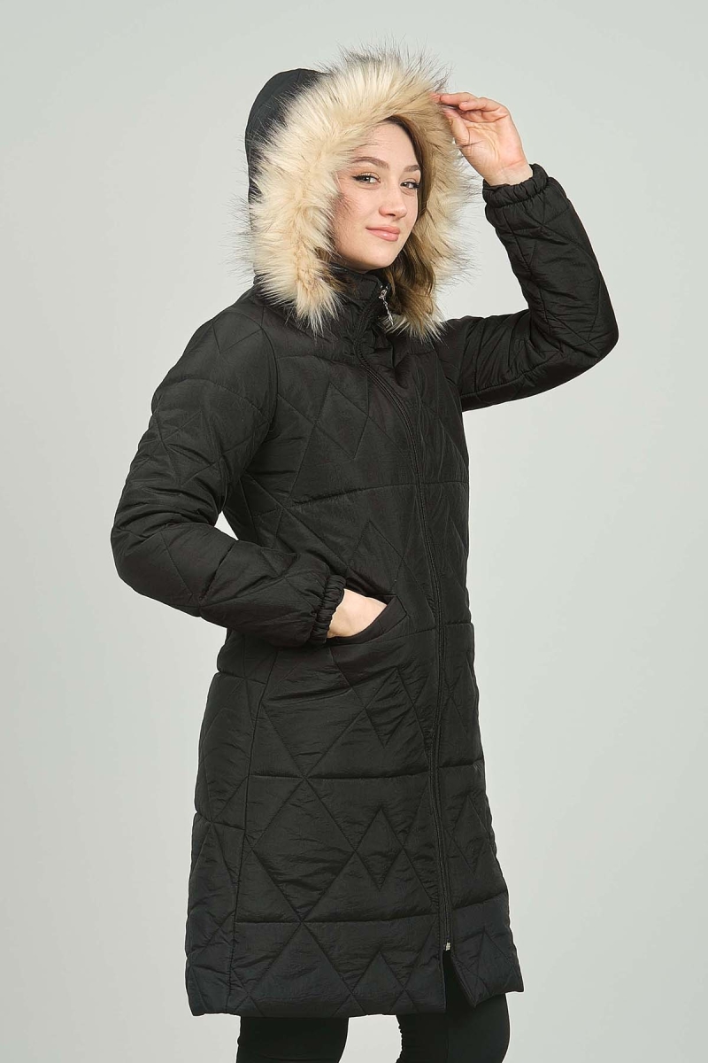 Setare Kadın Kürk Kapüşonlu Kapitone Uzun Mont 0573 Siyah Siyah