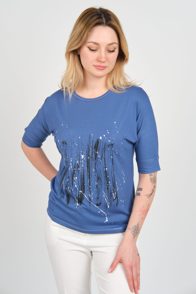 Sistas Kadın Bisiklet Yaka Desenli Yaka ve Etek Ucu Parlak Şeritli Bluz 24244 Indigo Indigo