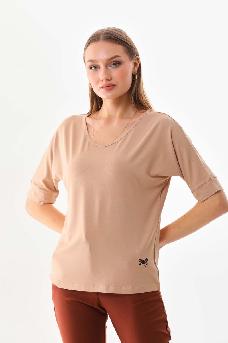 Sistas Kadın Bisiklet Yaka Kısa Kol Bluz 23009 Camel Camel