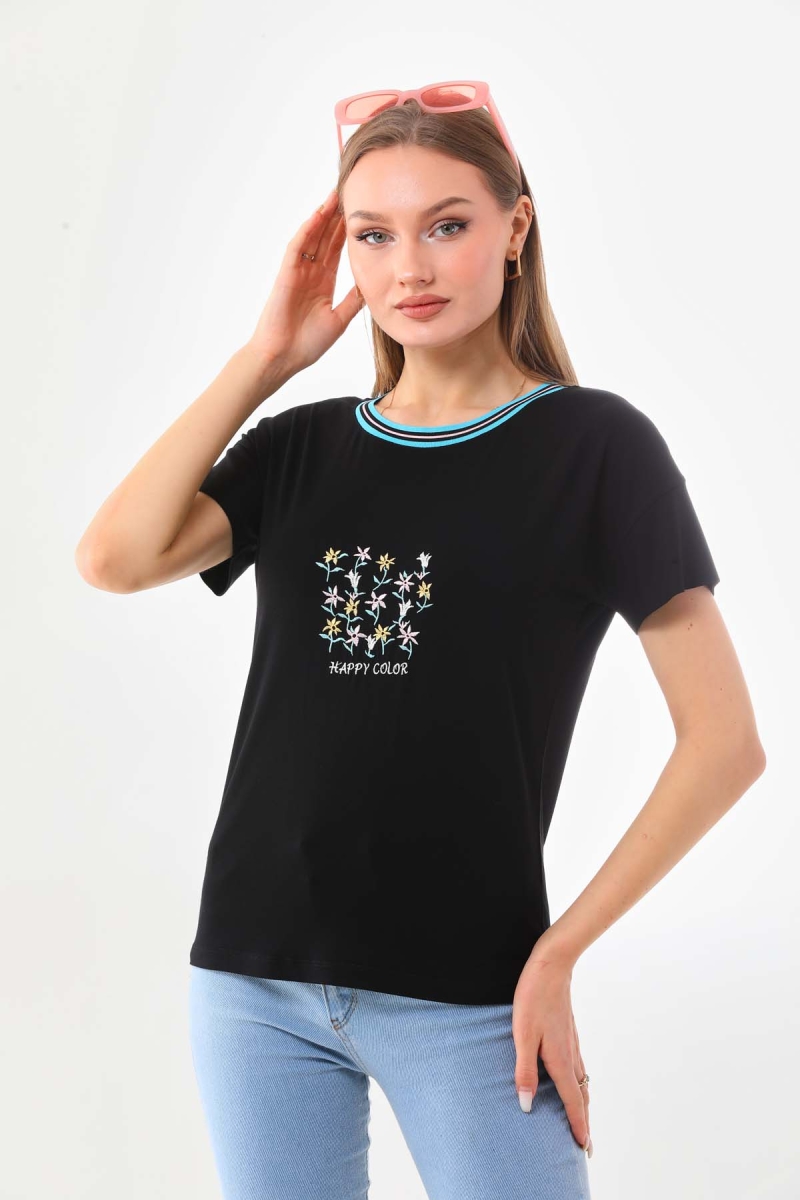 Sistas Kadın Çiçek İşlemeli Bisiklet Yaka Kısa Kol Bluz 23048 Siyah Siyah