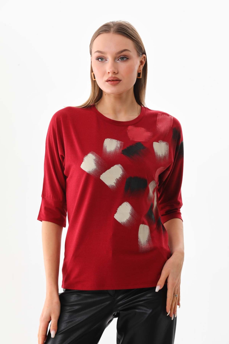 Sistas Kadın Desenli Bisiklet Yaka Bluz 23582 Bordo Bordo