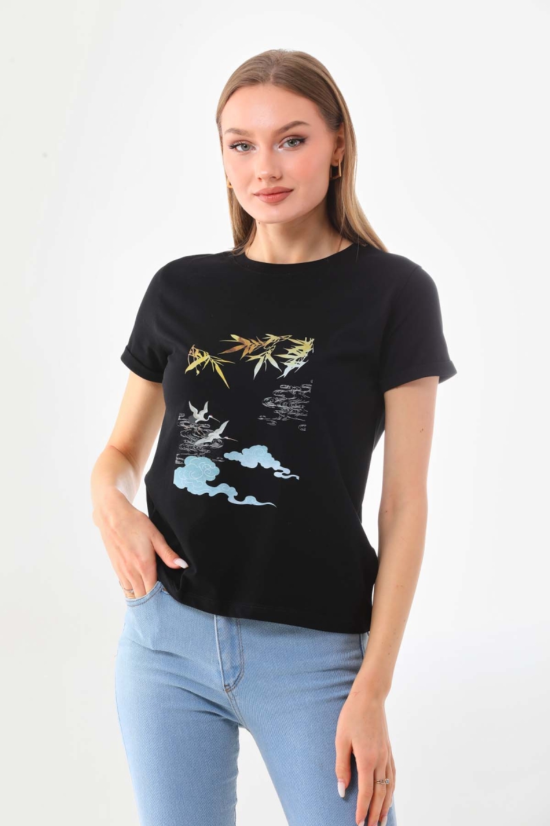 Sistas Kadın Desenli Bisiklet Yaka Kısa Kol Pamuklu Bluz 23056 Siyah Siyah