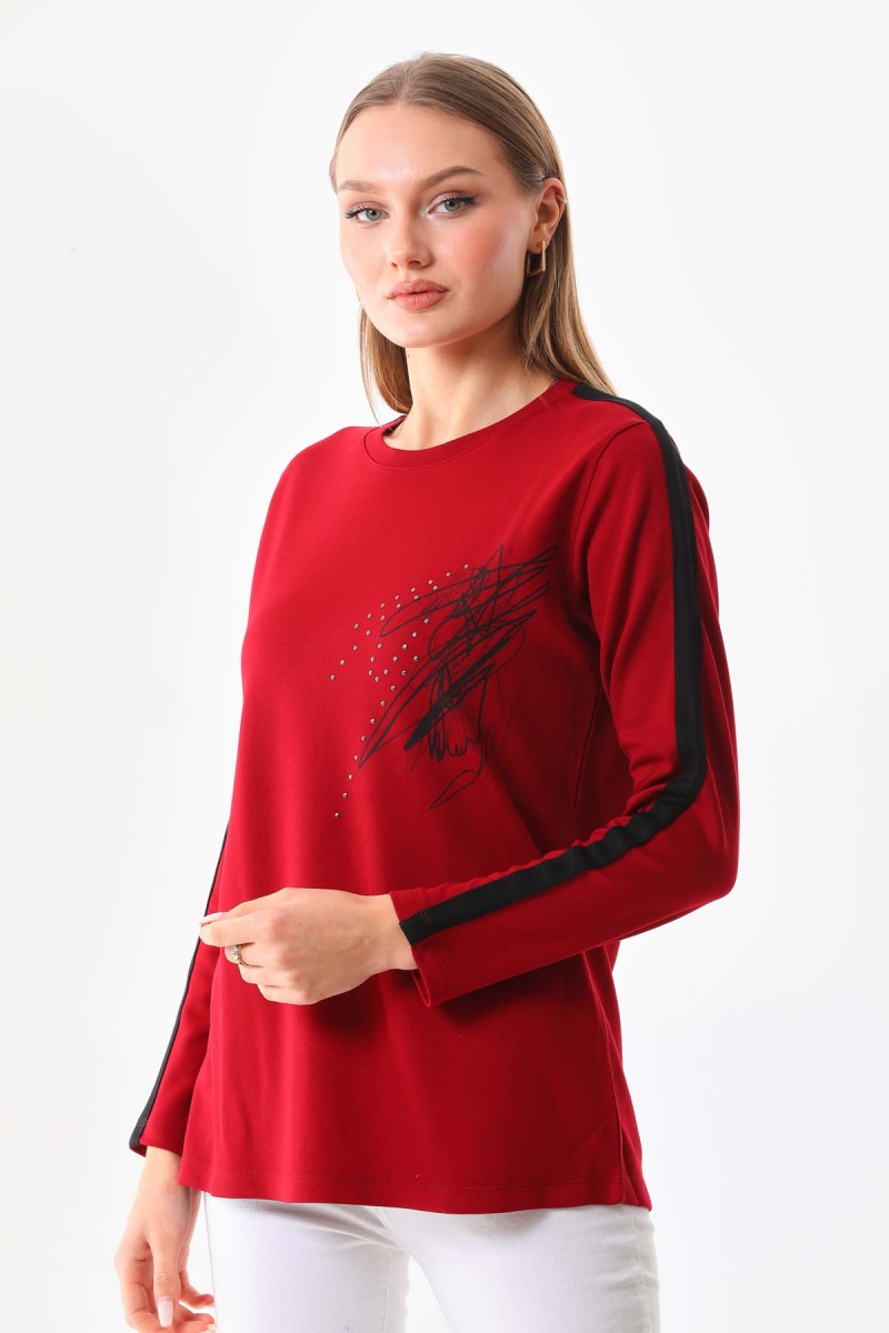 Sistas Kadın Desenli Bisiklet Yaka Uzun Kol Bluz 22689 Bordo Bordo