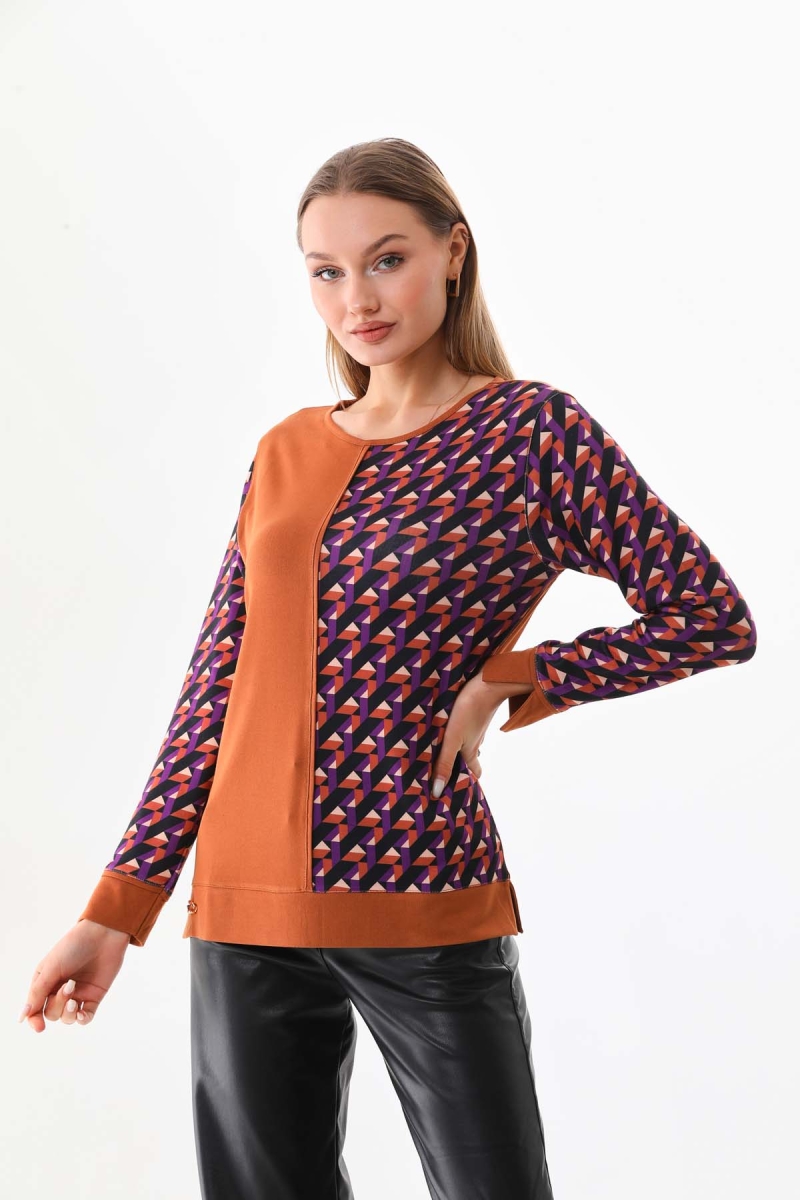 Sistas Kadın Desenli Bisiklet Yaka Uzun Kol Bluz 23592 Camel Camel