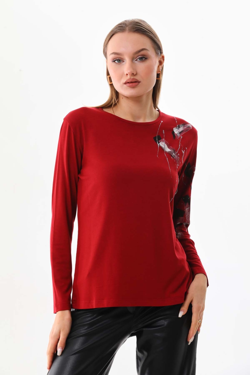 Sistas Kadın Desenli Bisiklet Yaka Uzun Kol Bluz 23598 Bordo Bordo