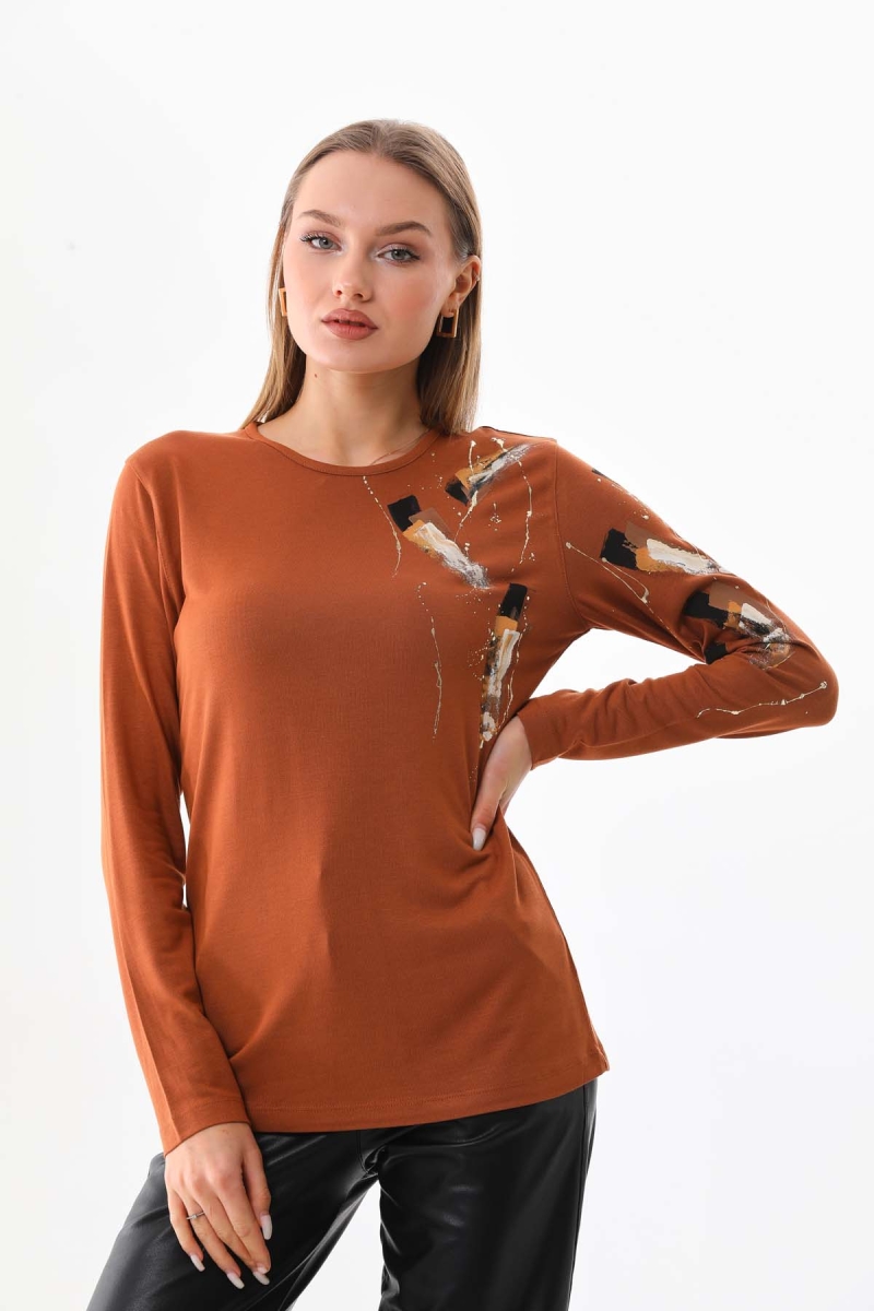 Sistas Kadın Desenli Bisiklet Yaka Uzun Kol Bluz 23598 Camel Camel