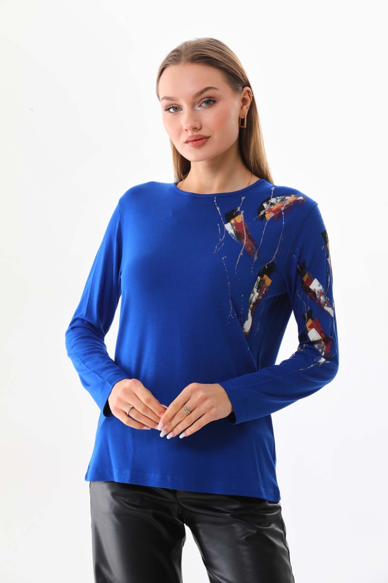Sistas Kadın Desenli Bisiklet Yaka Uzun Kol Bluz 23598 Saks Saks