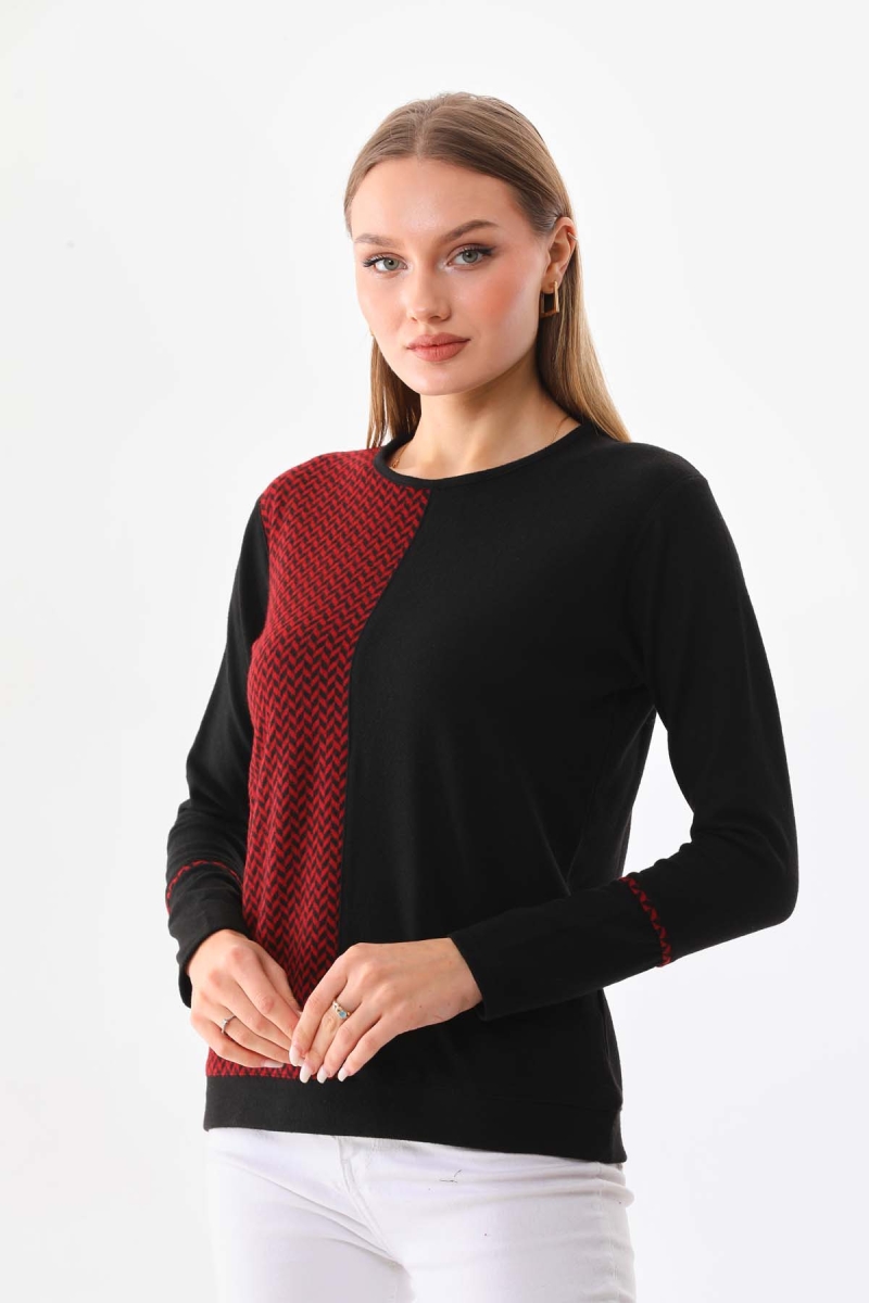 Sistas Kadın Desenli Bisiklet Yaka Uzun Kol Bluz 23619 Bordo Bordo