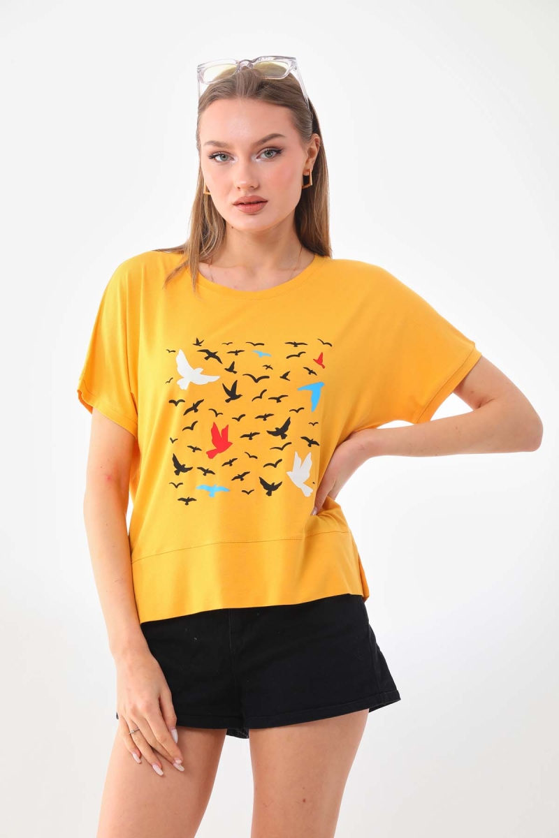 Sistas Kadın Desenli Kısa Kol Bluz 23141 Sarı Sarı