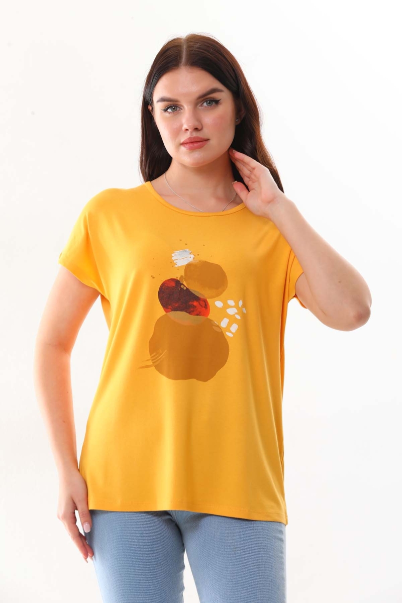 Sistas Kadın Desenli Kısa Kol Penye Bluz 23003 Sarı Sarı