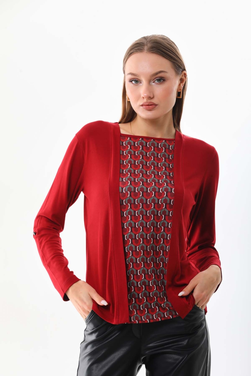 Sistas Kadın Desenli Uzun Kol Bluz 23525 Bordo Bordo