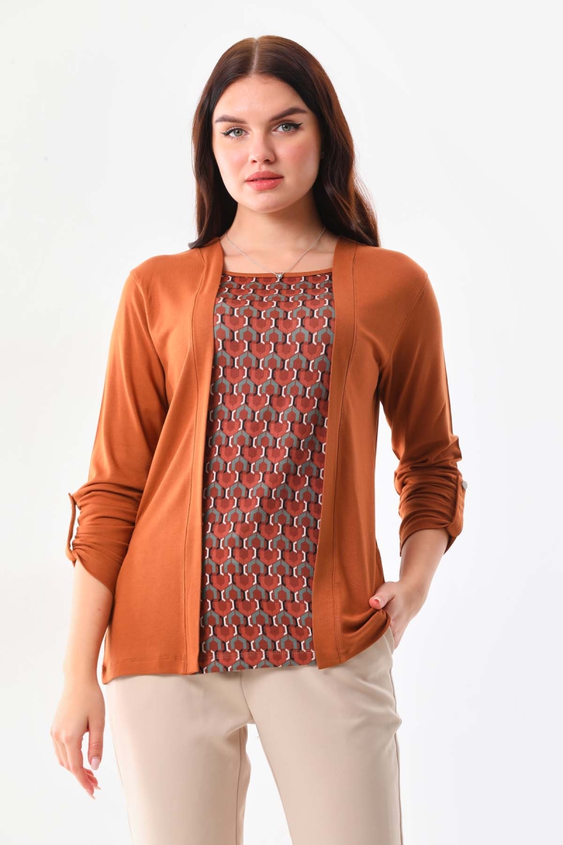 Sistas Kadın Desenli Uzun Kol Bluz 23525 Camel Camel