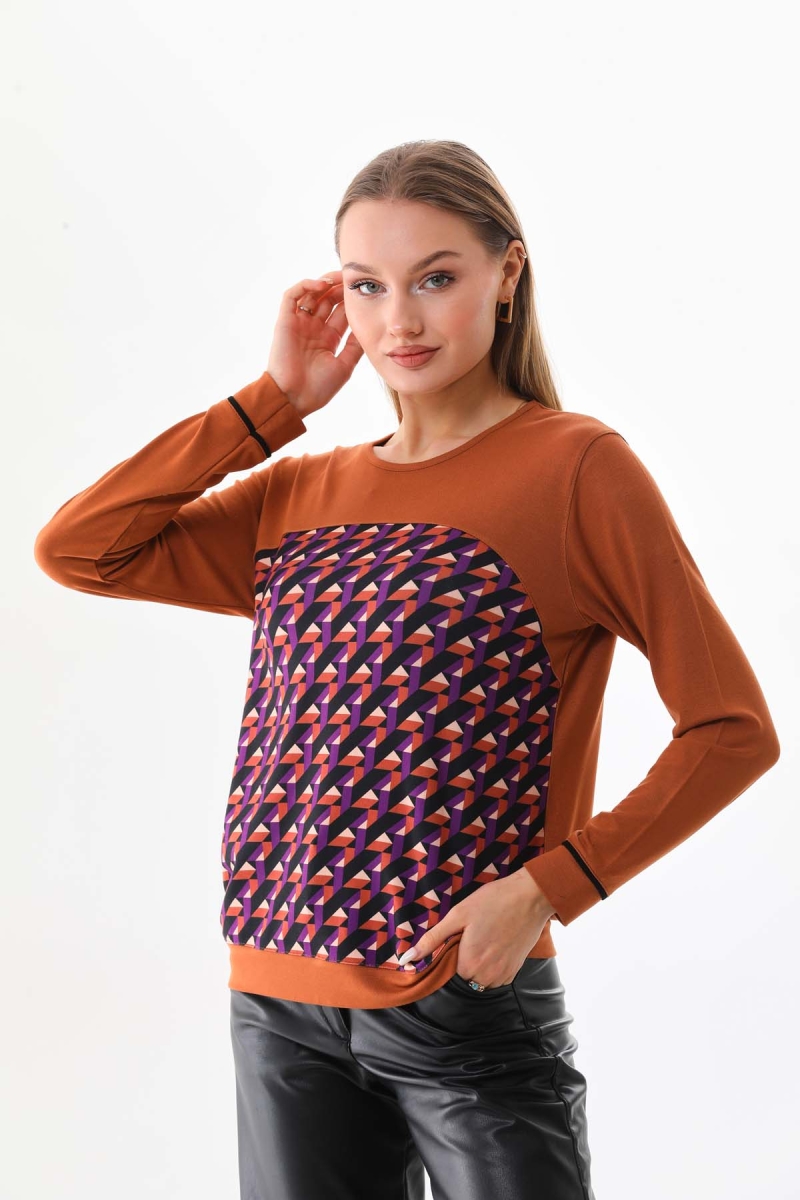 Sistas Kadın Desenli Uzun Kol Bluz 23618 Camel Camel