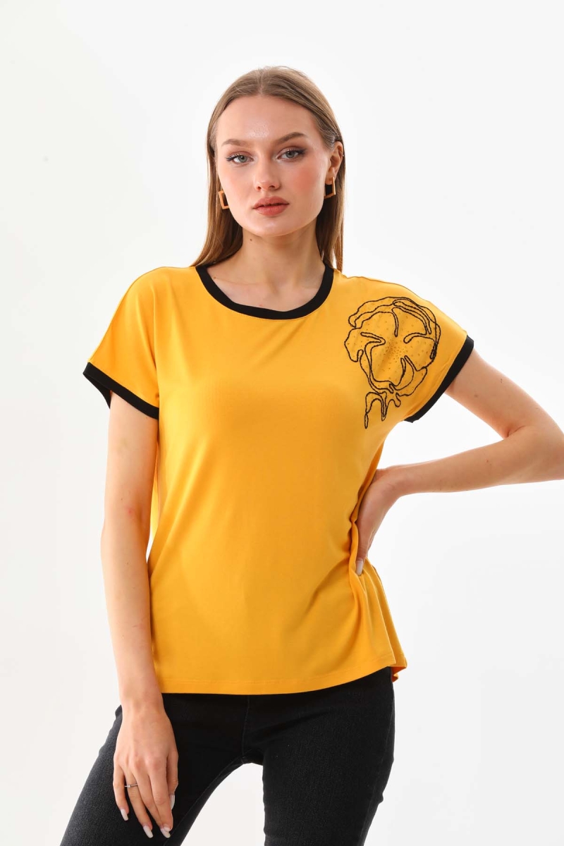Sistas Kadın İşleme Detaylı Kısa Kol Bluz 23002 Sarı Sarı