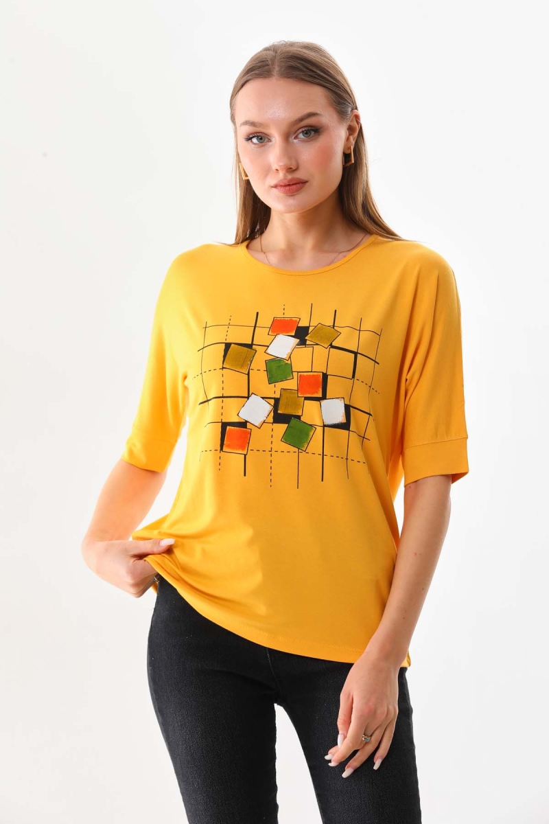 Sistas Kadın Kare Desenli Kısa Kol Bluz 23098 Sarı Sarı