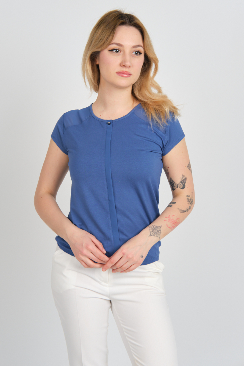 Sistas Kadın Sırt ve Omzu Tül Detaylı Beli Lastikli Bisiklet Yaka Bluz 23064 Indigo Indigo