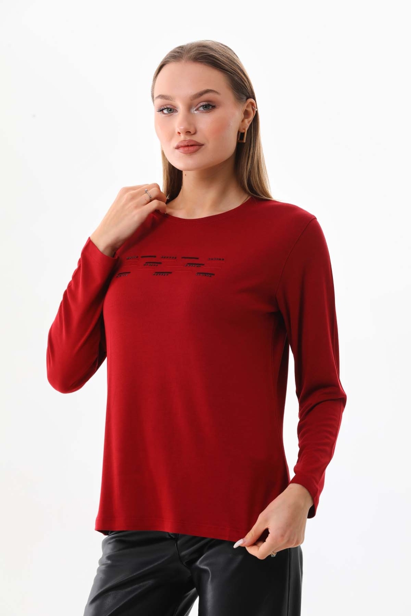 Sistas Kadın Taş Süsleme Detaylı Uzun Kol Bluz 23567 Bordo Bordo