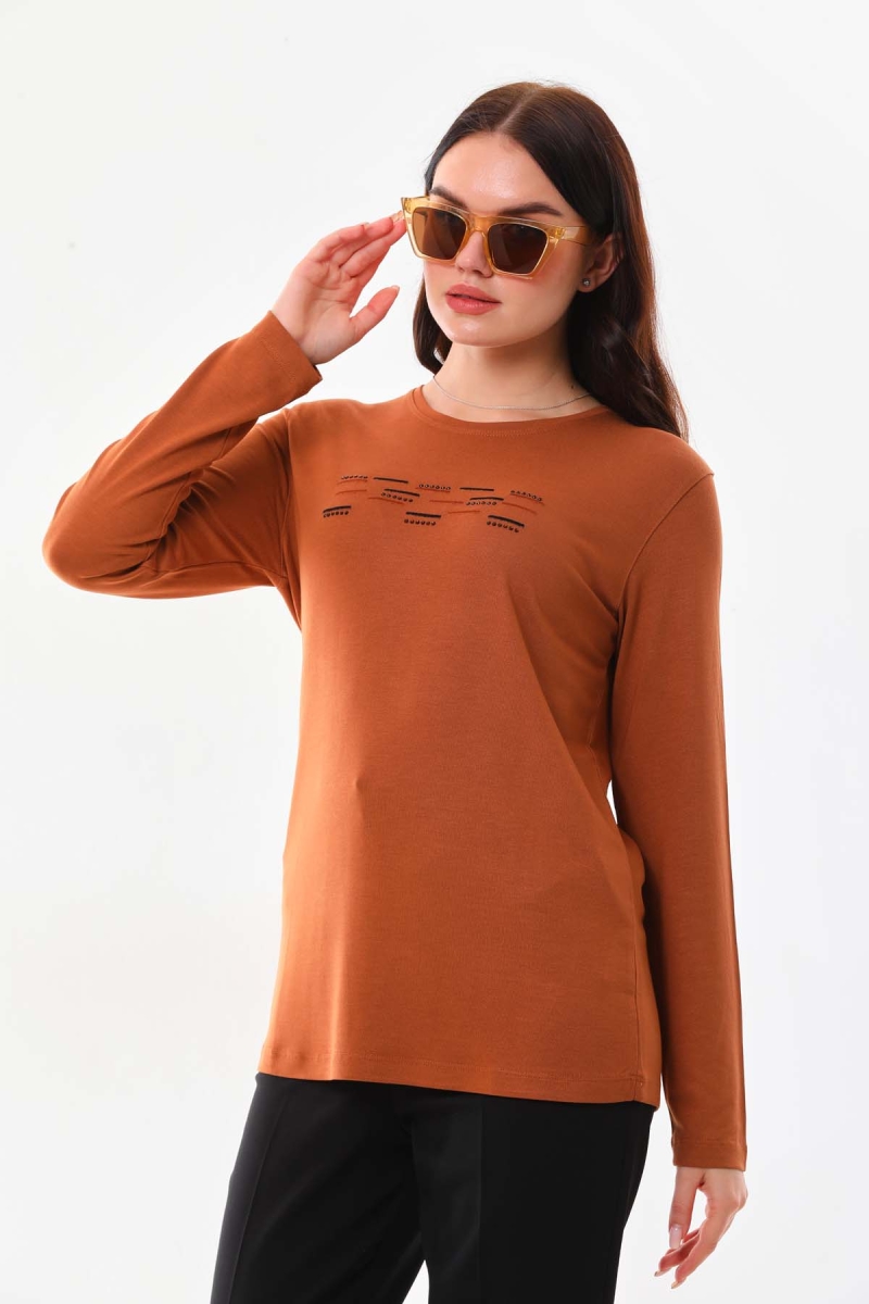 Sistas Kadın Taş Süsleme Detaylı Uzun Kol Bluz 23567 Camel Camel