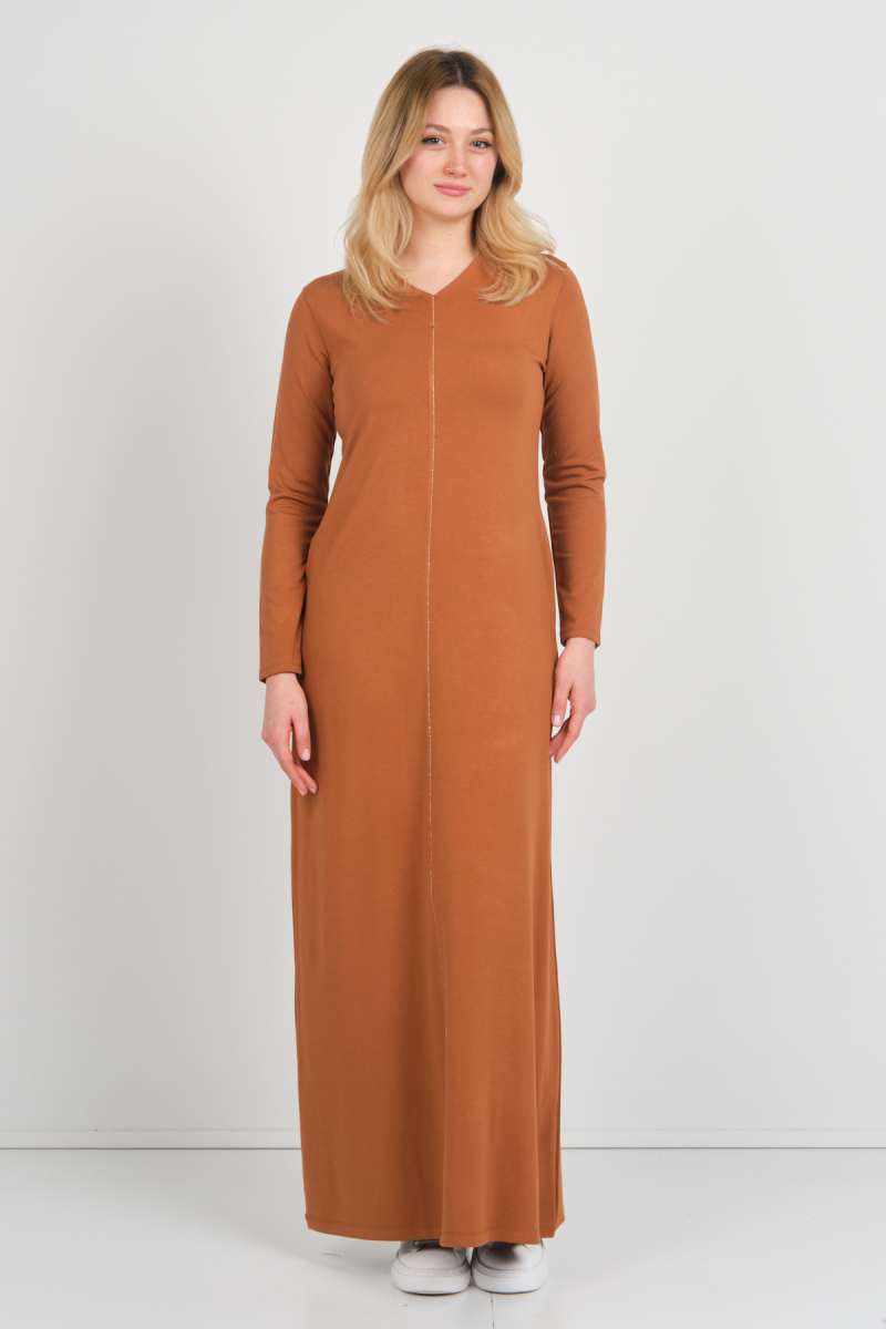 Sistas Kadın V Yaka Çift Cepli İnce Şerit Detaylı Maxi Elbise 23813 Camel Camel