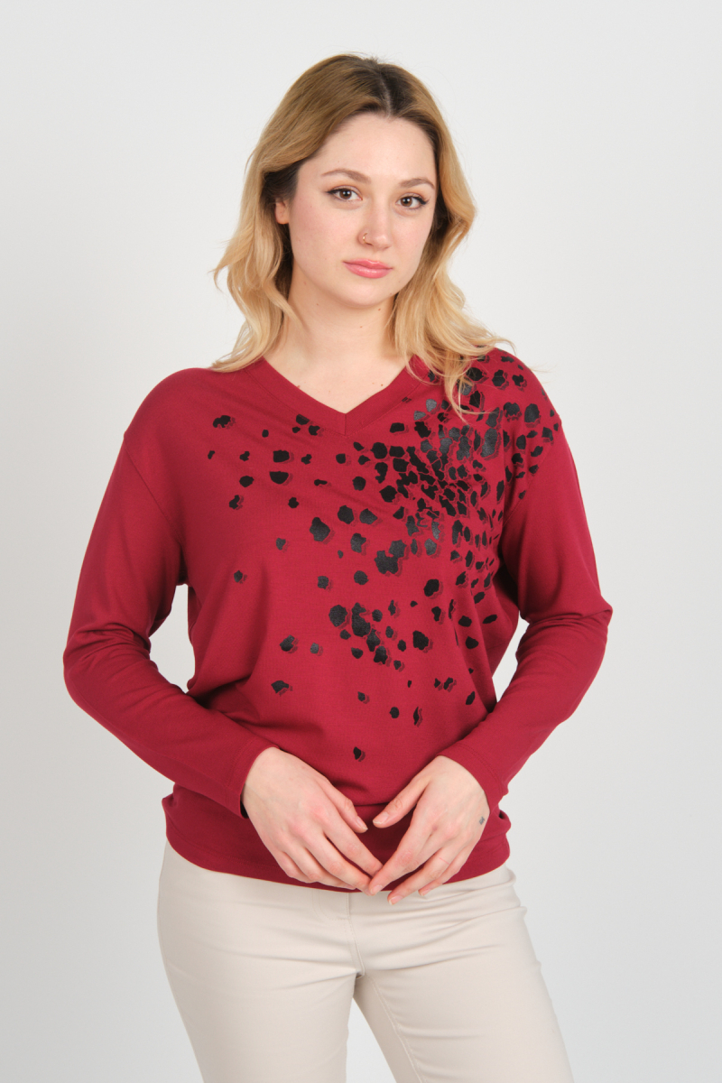 Sistas Kadın V Yaka Desenli Uzun Kol Bluz 24579 Bordo Bordo