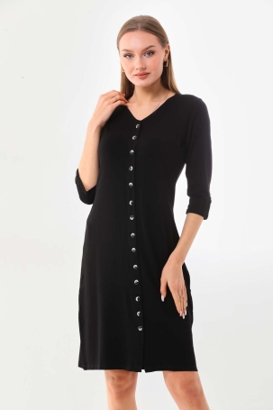 Sistas Kadın V Yaka Düğme Detaylı Elbise 22445 Siyah Siyah