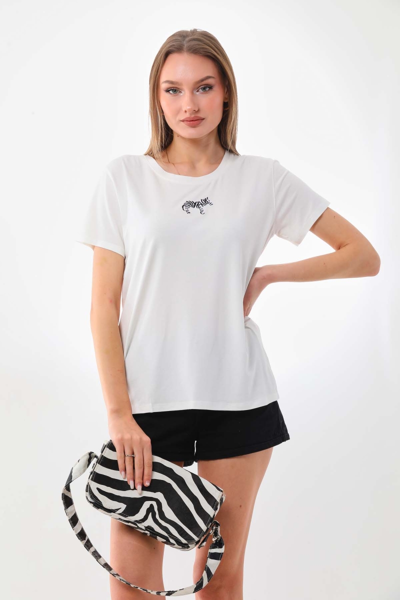 Sistas Kadın Zebra Desenli Kısa Kol Bluz 23118 Ekru Ekru