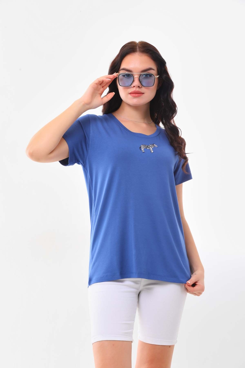 Sistas Kadın Zebra Desenli Kısa Kol Bluz 23118 Indigo Indigo