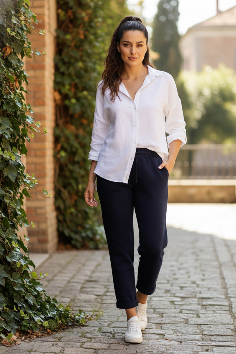 Sy & Black Kadın Çelik Örgü Beli Lastikli ve Bağcıklı Geniş Beden Aralıklı Jogger Pantolon 25P-03 Lacivert Lacivert