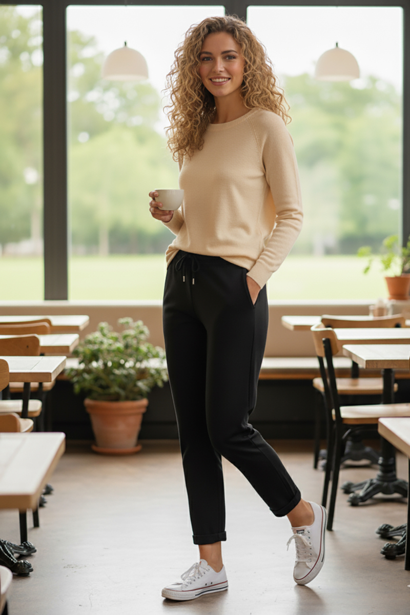 Sy & Black Kadın Çelik Örgü Beli Lastikli ve Bağcıklı Geniş Beden Aralıklı Jogger Pantolon 25P-03 Siyah Siyah