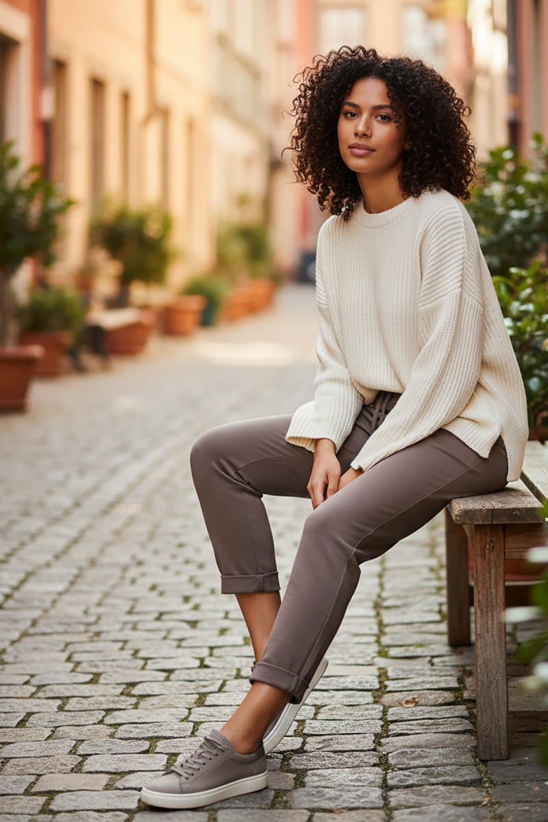 Sy & Black Kadın Çelik Örgü Beli Lastikli ve Bağcıklı Geniş Beden Aralıklı Jogger Pantolon 25P-03 Vizon Vizon